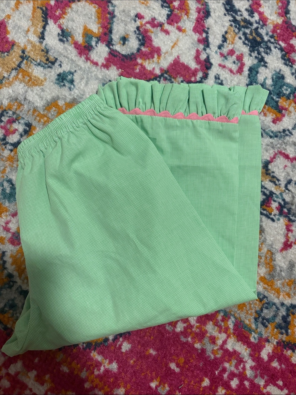 Mint Green Ruffle-Trim Pillowcase with Pink Rickrack